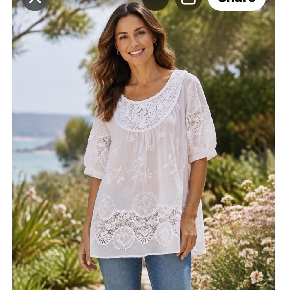 Lauren Michelle White Cotton Crochet Lace Embroidered Boho Blouse Top M boho